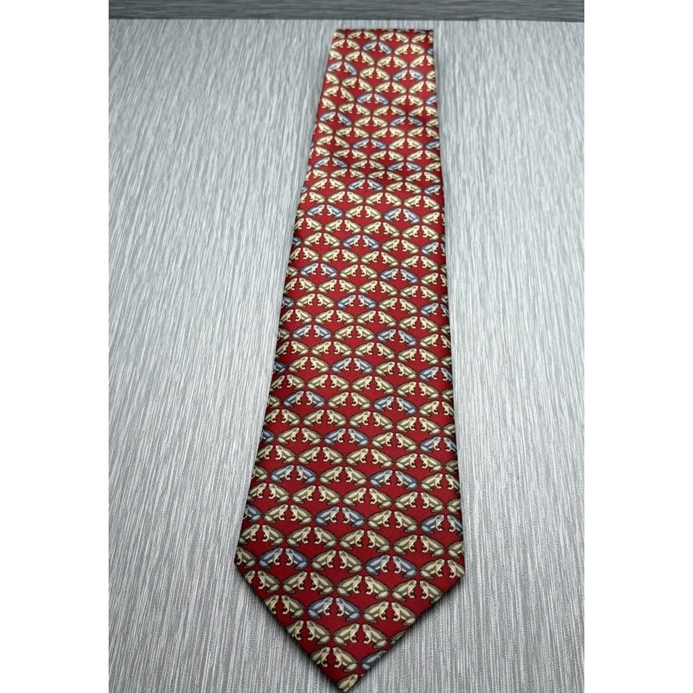 Rene Chagal Frog Print Silk Tie Red Novelty Necktie All Over Pattern Mens